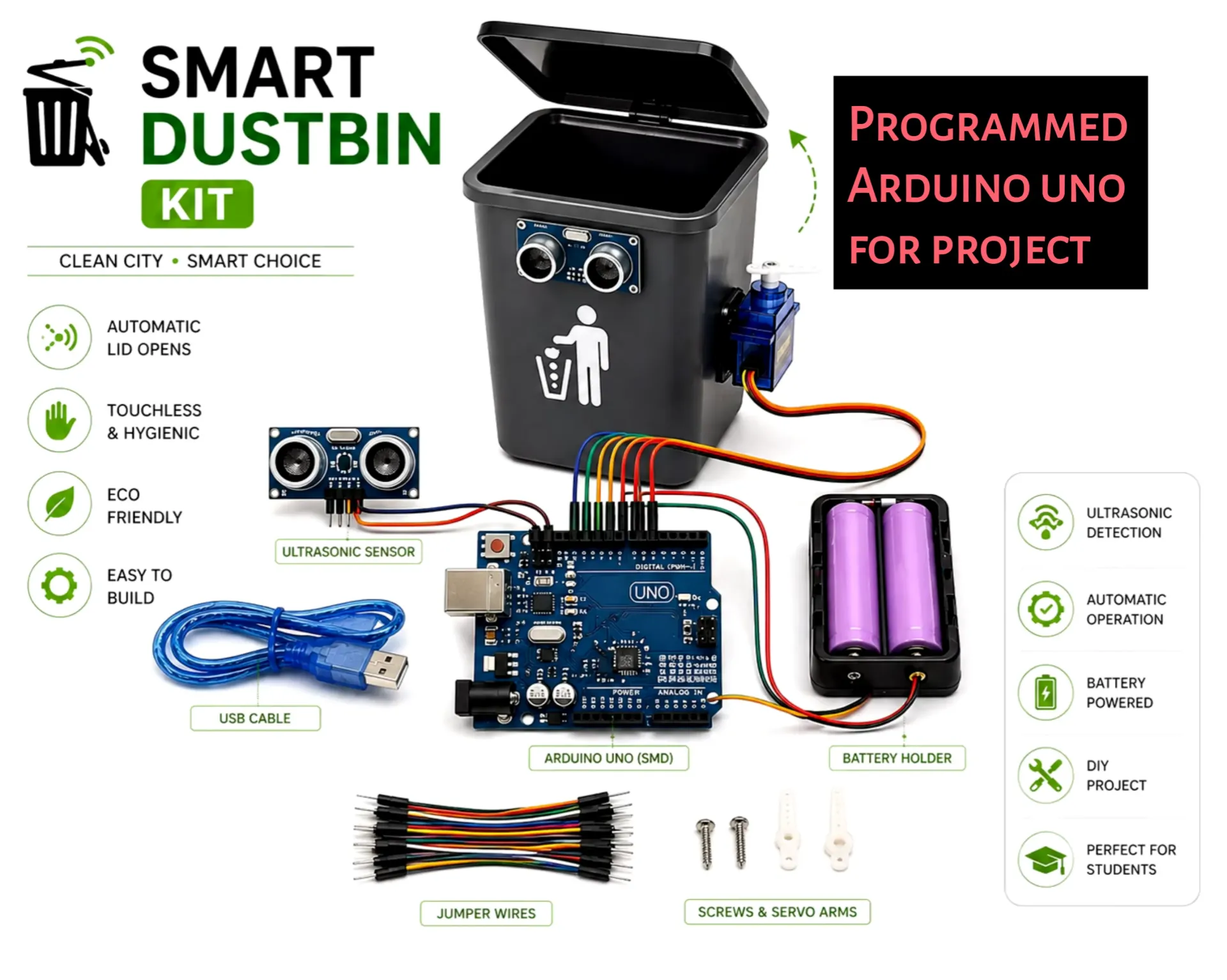 Smart dustbin project Kit with already programmed Arduino ( only assemble no programming needs)